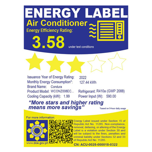 Condura Window Type Aircon 0.75 HP Energy Efficiency Rating 3.58