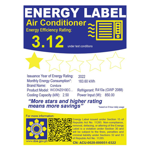 Condura Window Type Aircon 1HP Energy Efficiency Rating 3.12