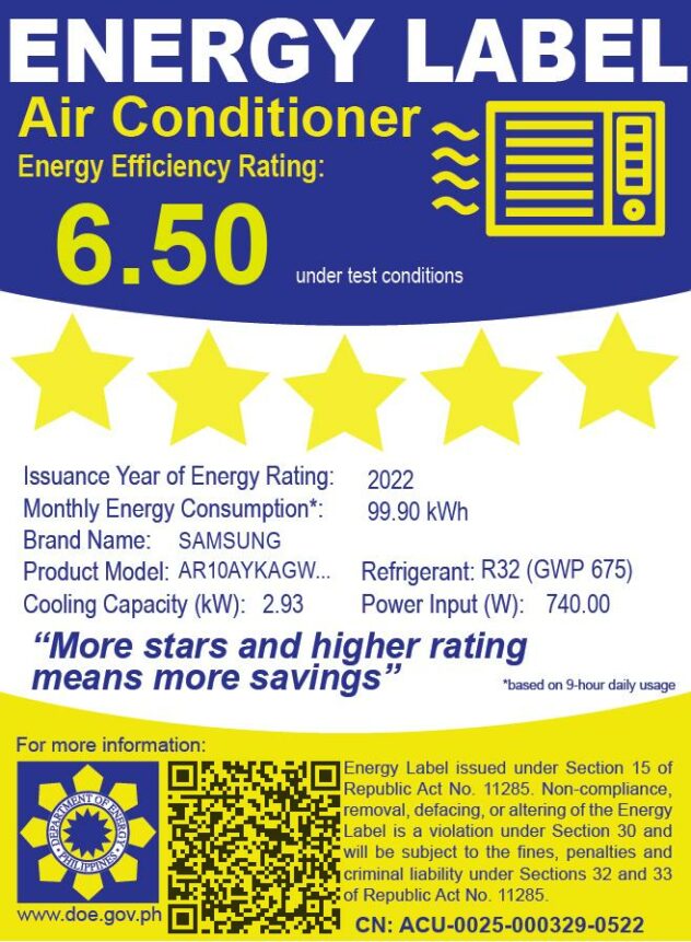 Samsung Split Type Aircon Wind-Free Plus Inverter 1HP Energy Efficiency Rating 6.50