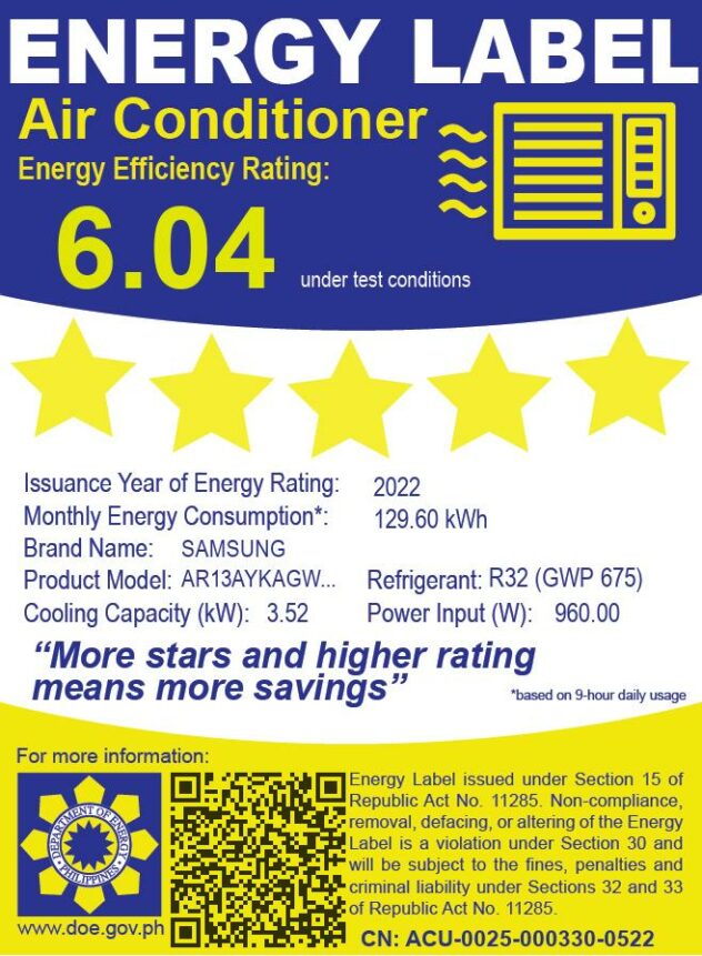 Samsung Split Type Aircon Wind-Free Plus Inverter 1.5HP Energy Efficiency Rating 6.04