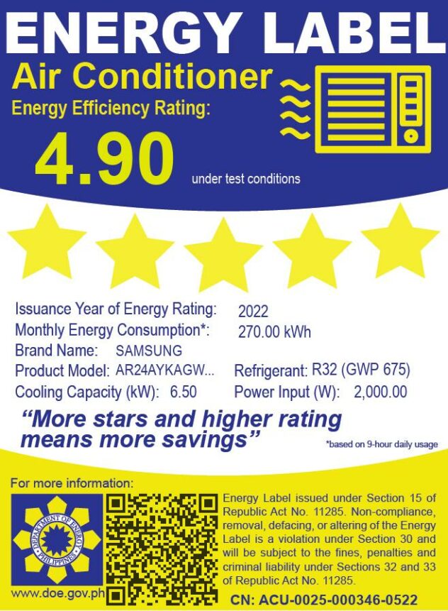 Samsung Split Type Aircon Wind-Free Plus Inverter 2.5HP Energy Efficiency Rating 4.90