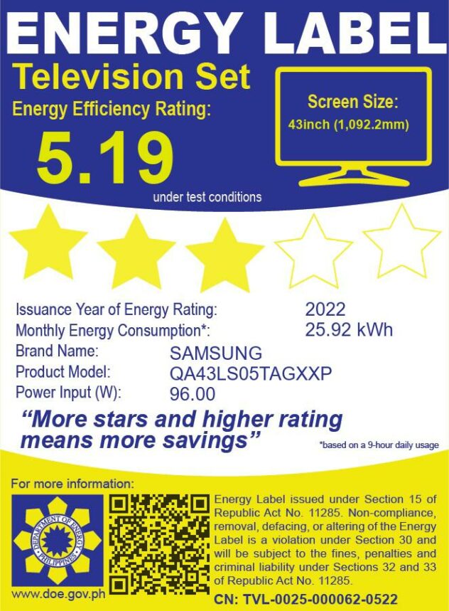 Samsung 43inch The Sero Energy Efficiency Rating 5.19