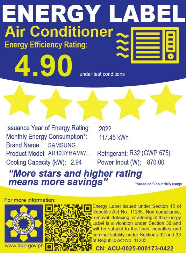 Samsung Split Type Aircon WindFree Inverter 1.0HP with Energy Efficiency Rating of 4.90