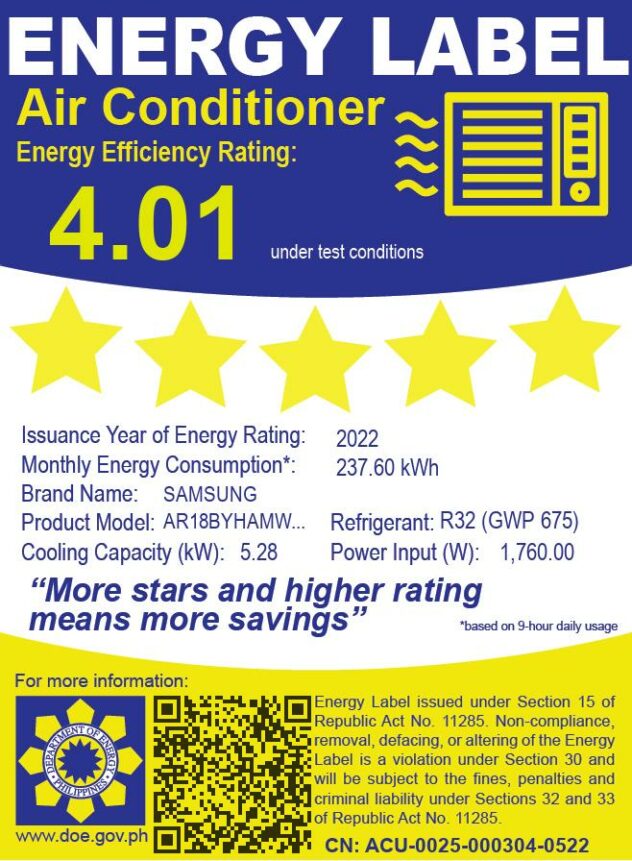 Samsung Split Type Aircon WindFree Inverter 2.0HP with Energy Efficiency Rating of 4.01