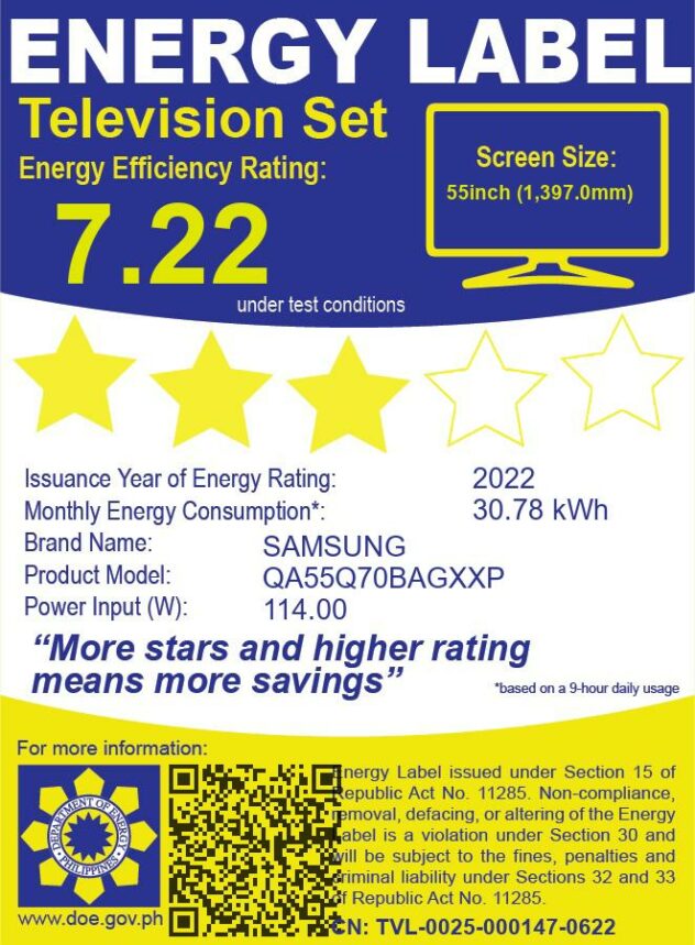 Samsung 55inch QLED 4K Smart TV with energy efficiency rating of 7.22
