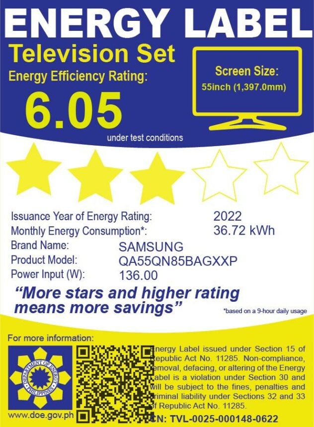 Samsung 55inch Neo QLED 4K Smart TV with energy efficiency rating of 6.05