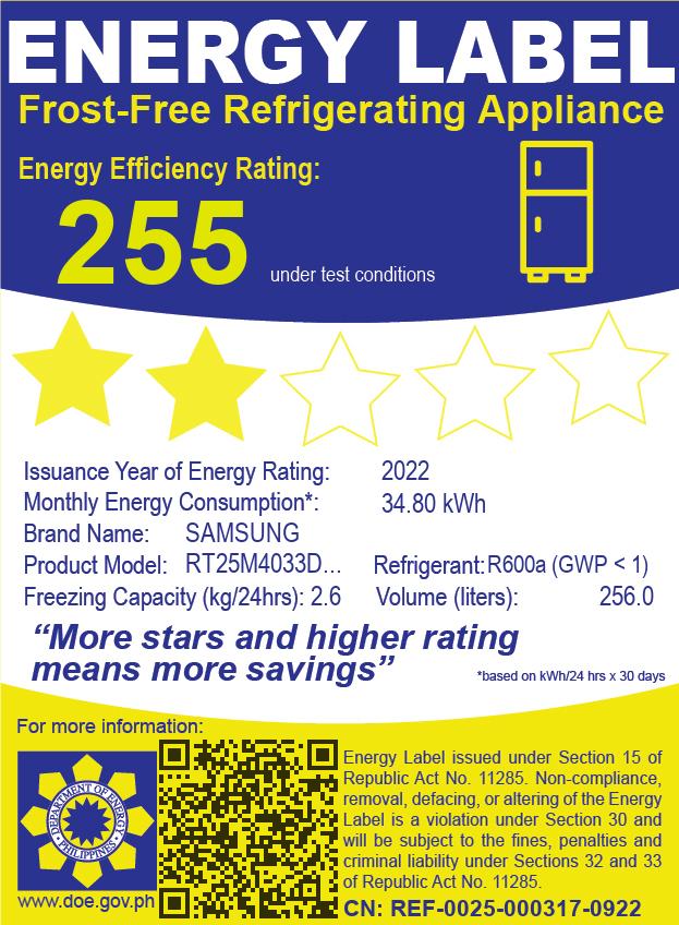 Samsung Top Mount Refrigerator No Frost Inverter 9.1cu ft with energy efficiency rating of 255