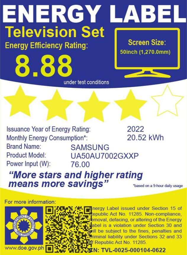 Samsung 50inch Crystal UHD 4K Smart TV with energy efficiency rating of 8.88
