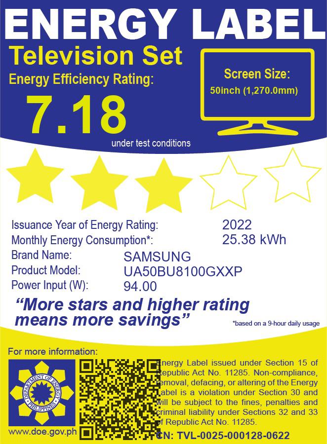 Samsung 50inch Crystal UHD 4K Smart TV with energy efficiency rating of 7.18