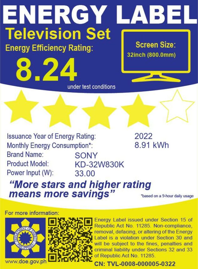 Sony 32inch HD Ready Android Google TV with energy efficiency rating of 8.24