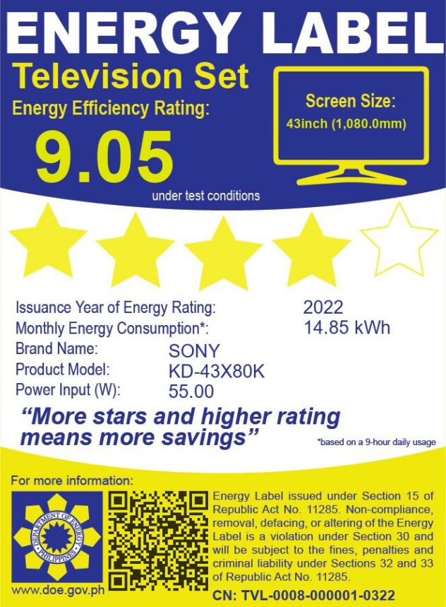 Sony 43inch 4K Ultra HD Smart Google TV with energy efficiency rating of 9.05