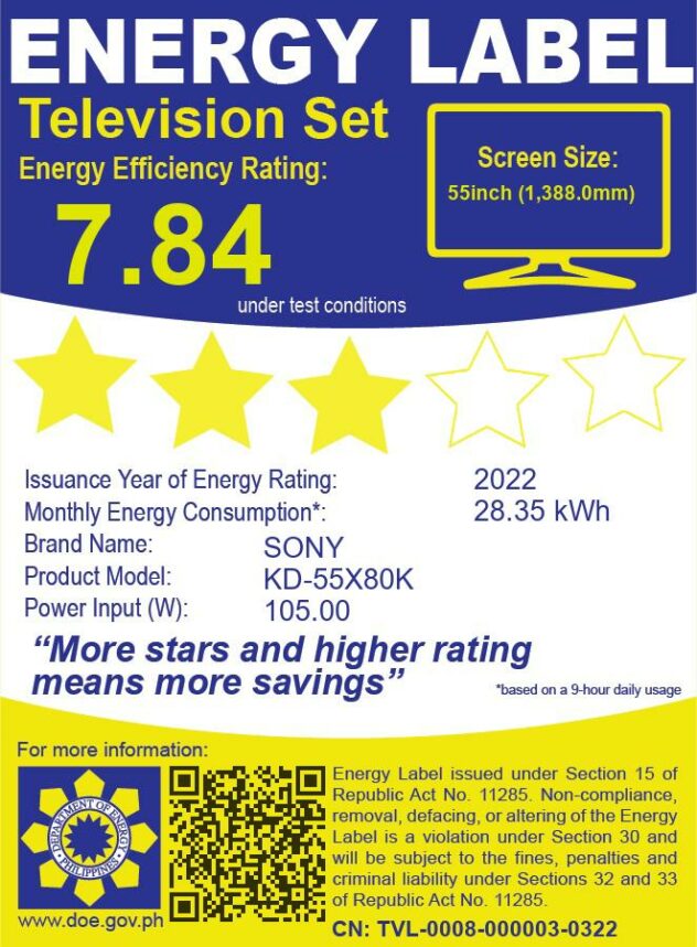 Sony 55inch 4K Ultra HD Smart Google TV with energy efficiency rating of 7.84