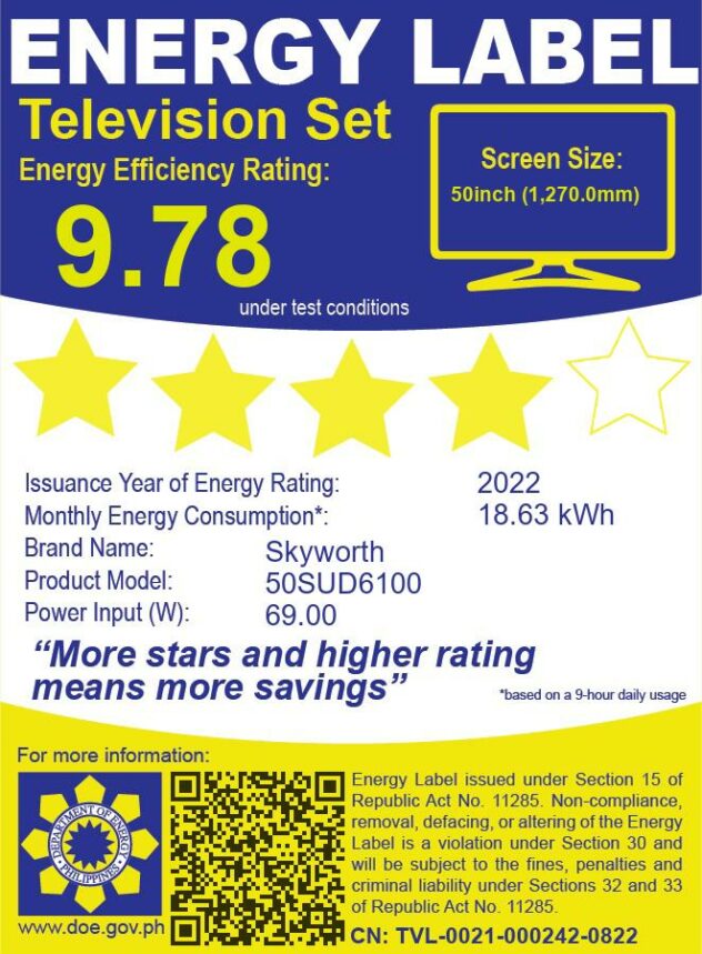Skyworth 50inch 4K UHD Android TV with energy efficiency rating of 9.78